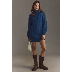 Anthropologie Flat White Sweater Dress Blue Turtleneck Preppy Comfy Small NWT